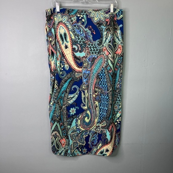 Sunny Leight Petites Blue Paisley Tulip Hem Faux Wrap Midi Pull On Skirt Size PL - Picture 11 of 13